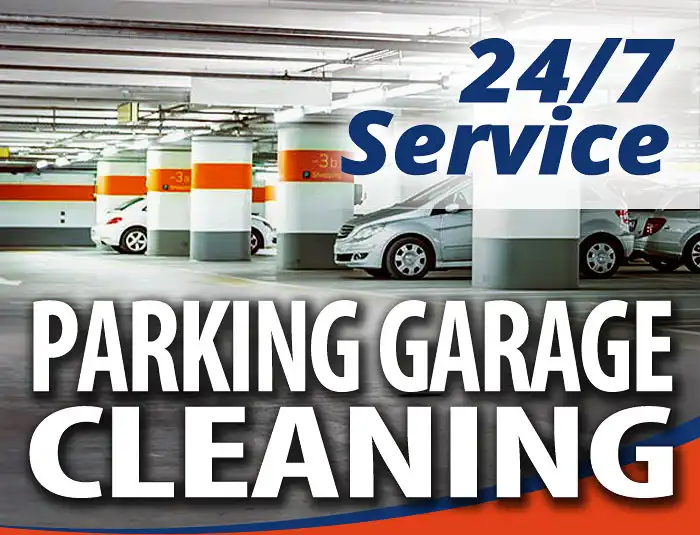 A clean, brightly lit parking garage in Louisville, KY area with a text overlay that reads 24/7 Service Parking Garage Cleaning in a HurriClean branded graphic.