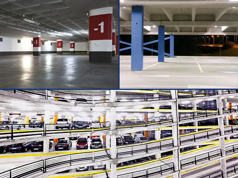 Images of the different sizes of parking garage facilities that HurriClean of Louisville can perform pressure washing services for.