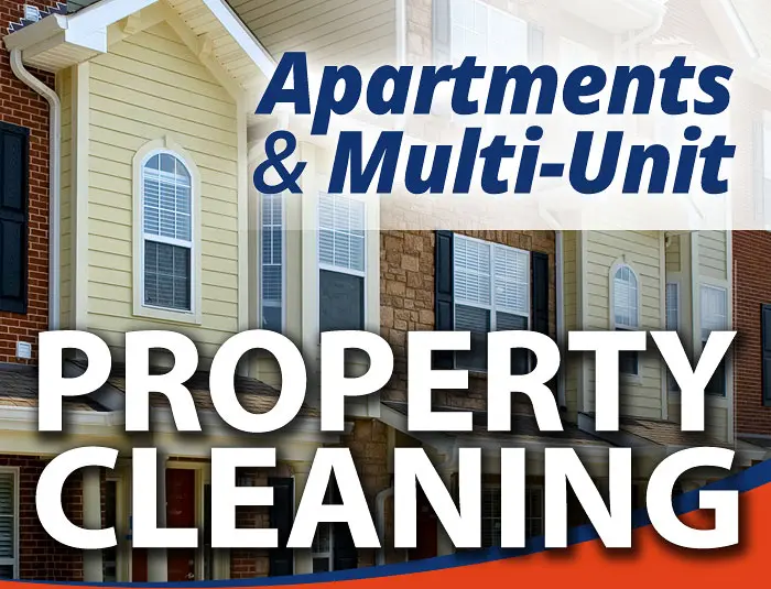 A HurriClean branded graphic of a stone and vinyl siding apartment complex in Louisville, KY area with a text overlay that reads Apartment & Multi-Unit Property Cleaning.