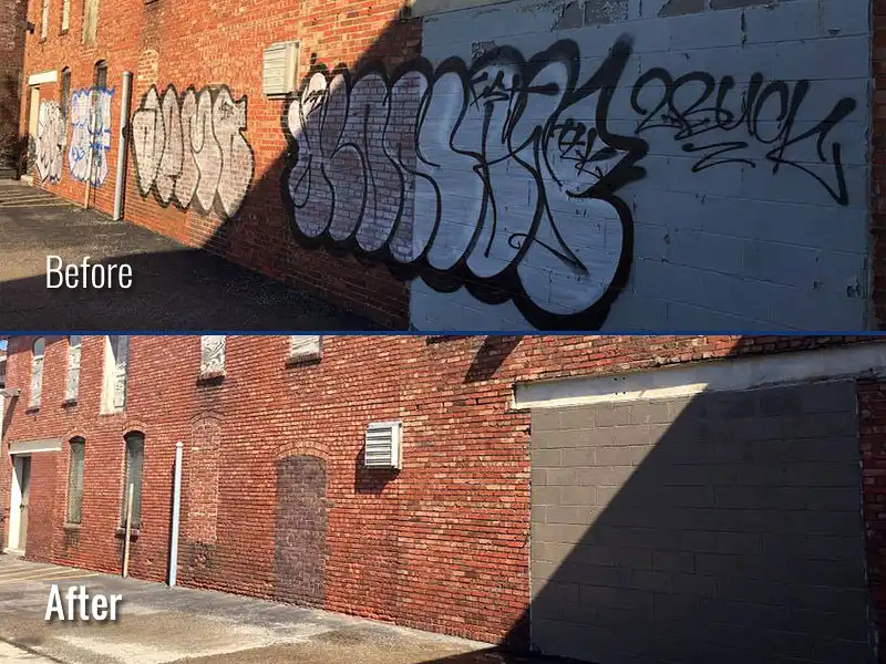 Before & after images of a warehouse brick wall covered in graffiti writing and the same wall completely graffiti-free following HurriClean of Louisville's graffiti removal service.