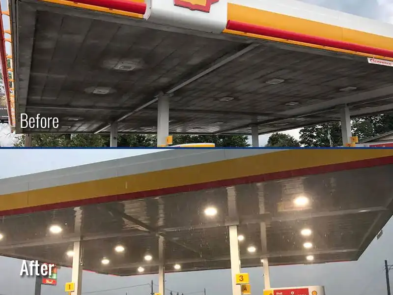 Before and after images of a filthy gas station canopy and the completely clean looking results provided by HurriClean of Louisville's fuel station cleaning service.