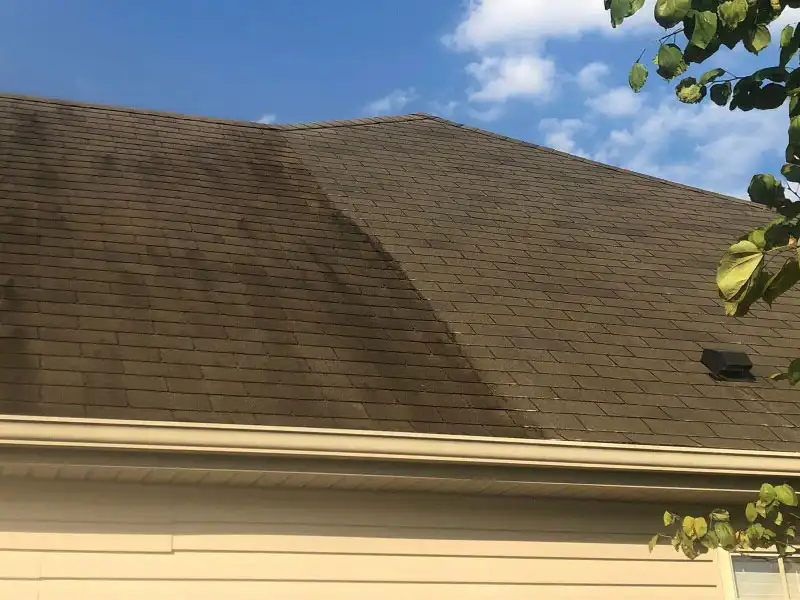 Half stained, half cleaned brown ashpalt shingle roof showing how HurriClean's Roof Soft Washing service in the Louisville area and the Kentuckiana region is the right way to remove stains from shingles.