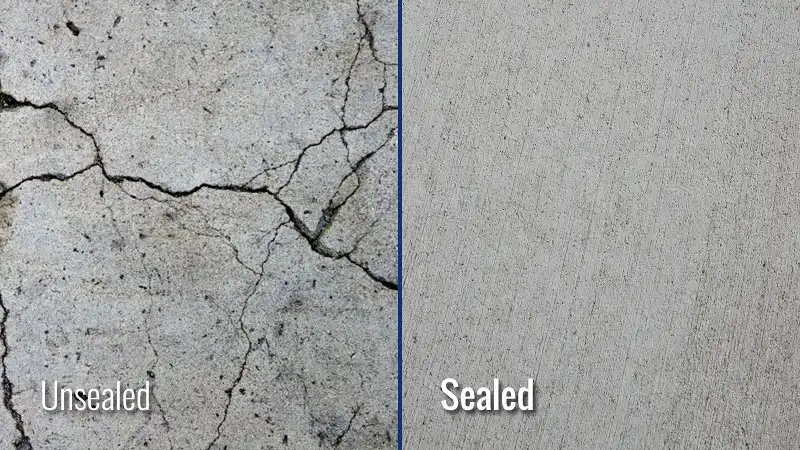 Close up images of unsealed cracked concrete & smooth sealed concrete shows the cost savings of HurriClean of Louisville's commercial concrete sealing service.