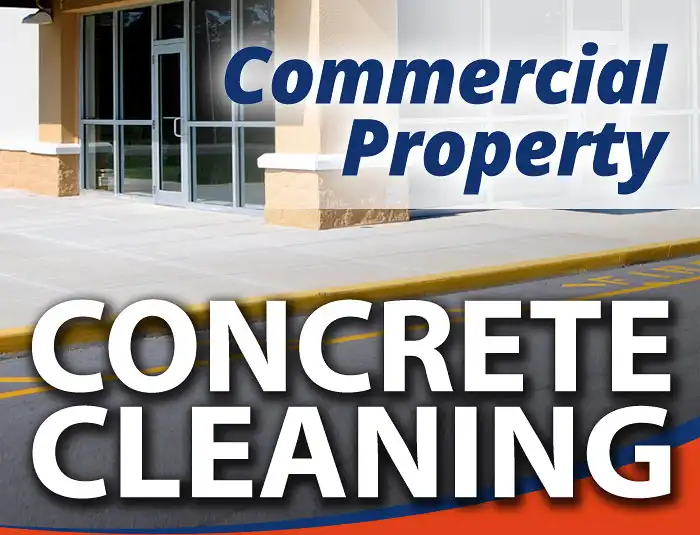 A freshly cleaned sidewalk in front of a strip mall in Louisville, KY area with a text overlay that reads Commercial Property Concrete Cleaning in a HurriClean branded graphic.