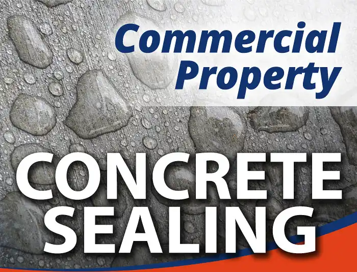 A close up of water beads on a commercial sidewalk with a text overlay that reads Commercial Property Concrete Sealing in a HurriClean branded graphic.