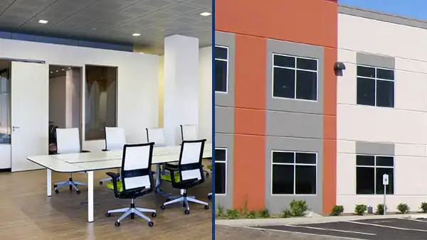 Interior boardroom and exterior facade views of a commercial office building in the Louisville area freshly painted by HurriClean Painters.