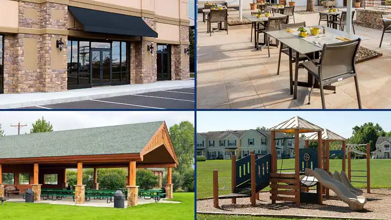 Images of a storefront, cafe dining area, park pavilion, and community playground represent the range of HurriClean's Exterior Sanitizing Services in Louisville KY.
