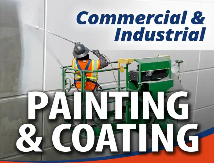 A HurriClean branded graphic of a painter applying a specialty coating to an industrial wall in the Louisville, KY area with a text overlay that reads Commercial & Industrial Painting & Coating