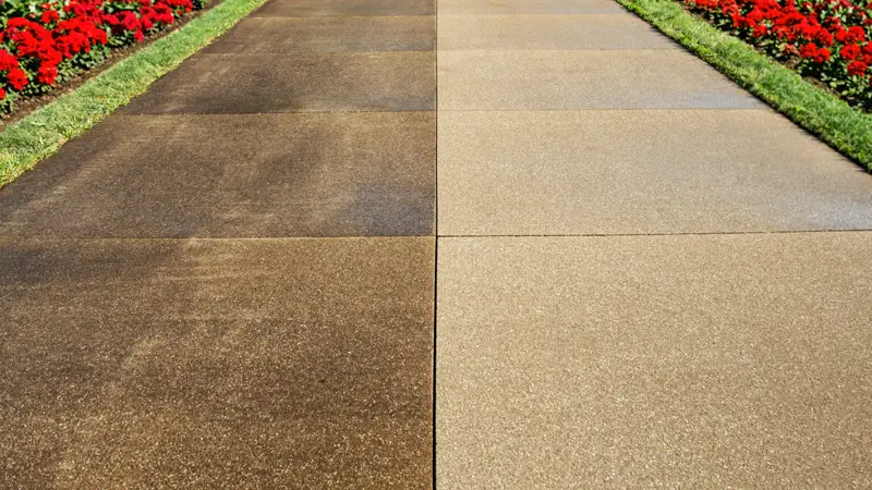 A split view of a dirty and clean concrete aggregate driveway showing before and after results of HurriClean's Concrete Sealing service in the Crestwood, La Grange, Shelbyville, KY areas.