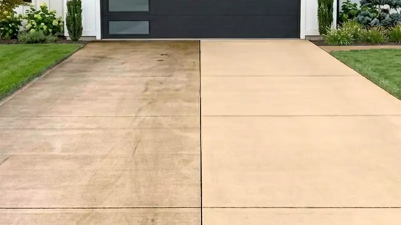 A split view of a half dirty and half clean concrete driveway showing before and after results of HurriClean's Concrete Cleaning & Sealing service in the Louisville KY area.