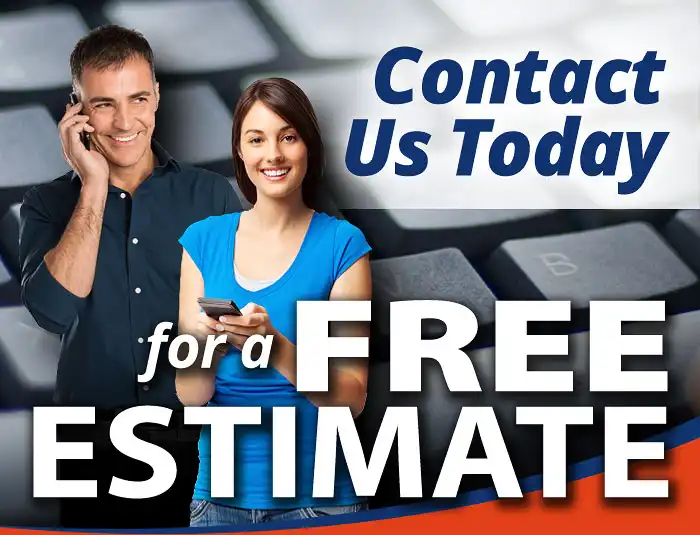 A smiling man on the phone and a happy woman texting with a text overlay that reads Contact Us Today for a FREE Estimate in a branded graphic.