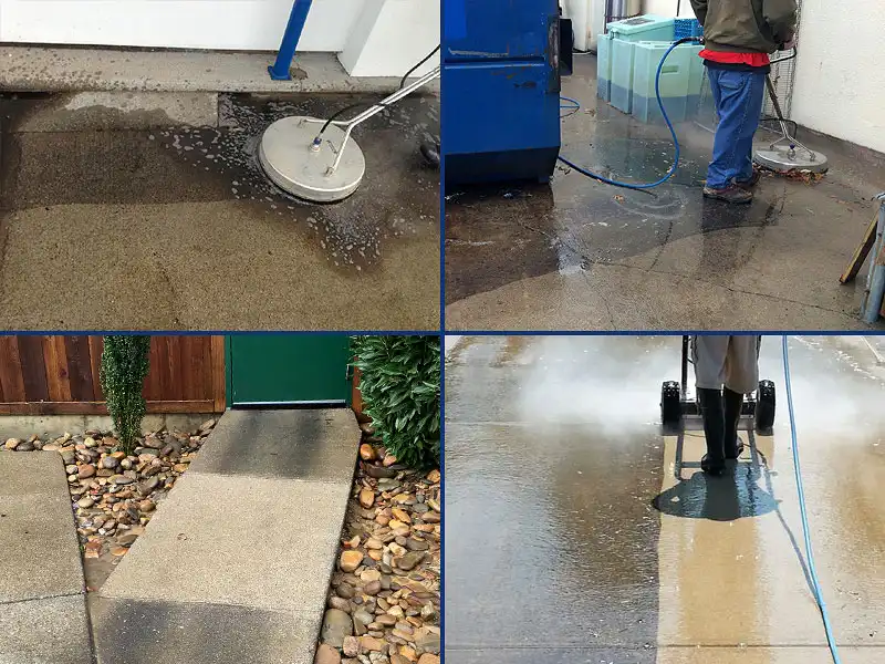 Images of a concrete drive-thru lane, dumpster pad, sidewalk, and walkway represent the commerical concrete Pressure Washing services provided by HurriClean of Louisville.
