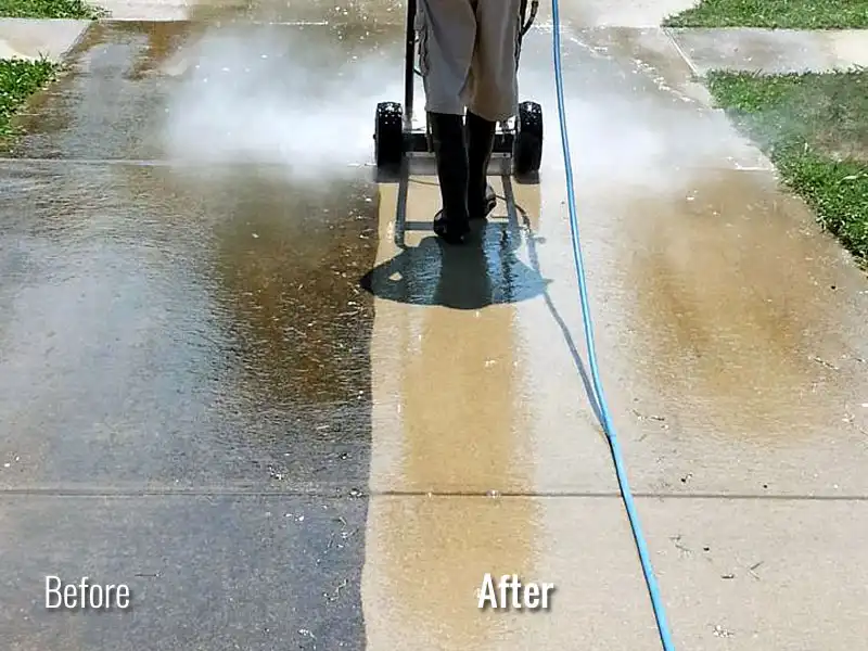 A low angle view of a HurriClean technician performing using a surface cleaner on a half dirty, half clean residential driveway in demonstrates proper the Pressure Washing method for Louisville, KY properties.