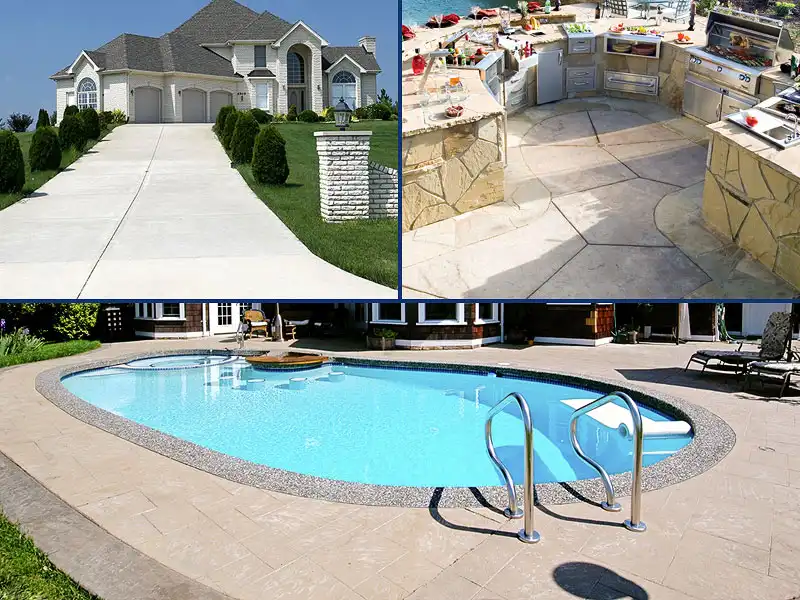 Images of a clean residential driveway, outdoor kitchen patio with flagstones, and paver pool deck represent the range of Concrete Cleaning Services offered by HurriClean Pressure Washing in the Louisville area.