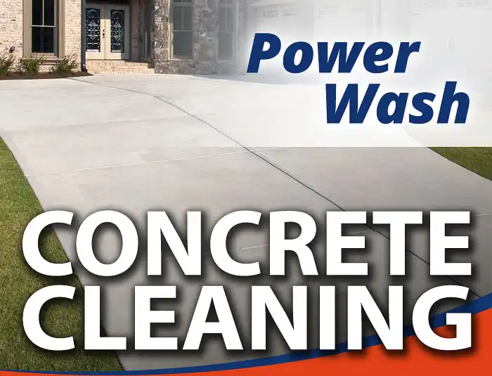 A HurriClean branded graphic of a residential concrete driveway in the Louisville, KY area with a text overlay that reads Power Wash Concrete Cleaning.