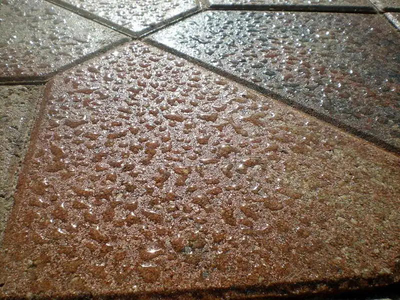 Beads of water on an multi-colored paver patio demonstrate one of many sealant options HurriClean's Driveway and Exterior Hard Surface Sealing services offer homeowners in Louisville & Kentuckiana.