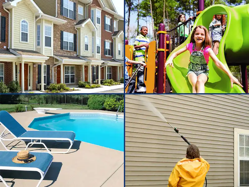Images of an apartment building, kids on a playground, public pool, and siding soft washing show HurriClean's range of Multi-Unit & HOA sanitizing services in Louisville KY.