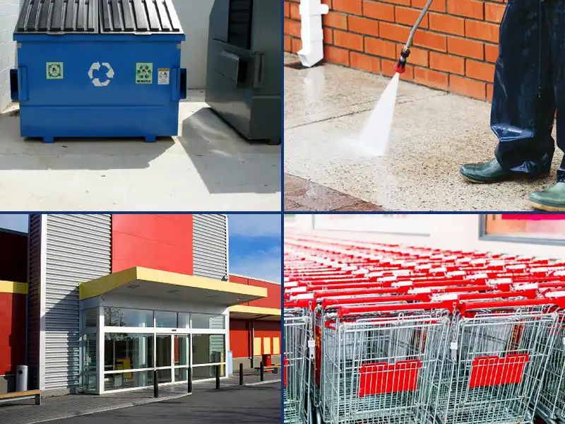 Images of a dumpster pad, commercial sidewalk pressure washing, grocery store entrance, and shopping carts represent how HurriClean can sanitize exterior surfaces in Louisville KY.