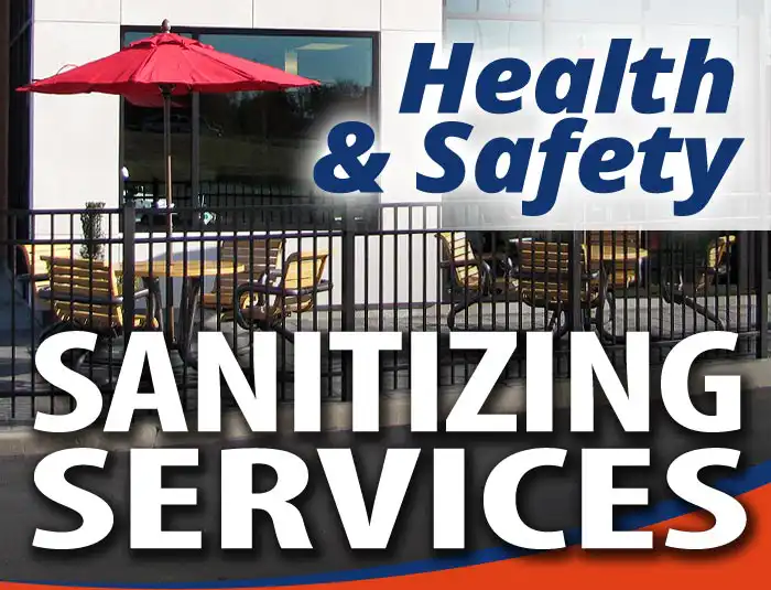 A fast food restaurant outdoor dining area in Louisville, KY area with a text overlay that reads Health & Safety Sanitizing Service in a HurriClean branded graphic.