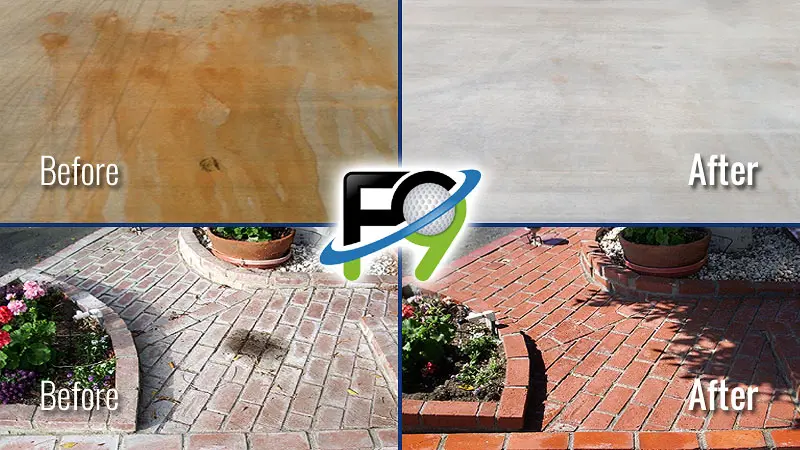 Before & after images showing stained & cleaned concrete, stained & cleaned brick pavers, and an F9 logo for Rust & Calcium Stain Removal service in Louisville KY.