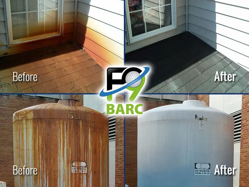 Before & after images showing stained & cleaned residential roof & siding, stained & cleaned industrial tanks, and an F9 logo for Rust Stain Removal service in Louisville KY.