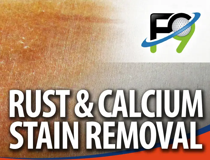 A HurriClean branded graphic of a half stained, half cleaned concrete driveway in the Louisville, KY area with an F9 logo and text overlay that reads Rust & Calcium Stain Removal