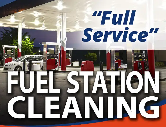 A brightly lit gas station canopy and pump islands in Louisville, KY area with a text overlay that reads Full Service Fuel Station Cleaning in a HurriClean branded graphic.