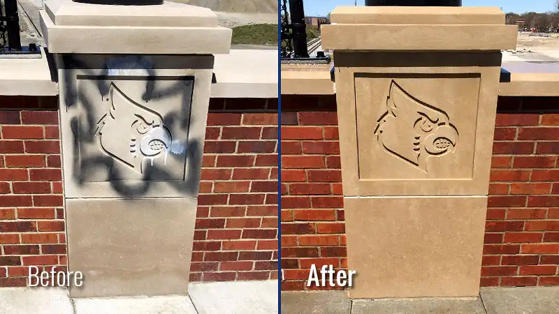 Before & after results of Graffiti Removal Service by Hurriclean on a decorative concrete bridge element emblazoned with a chiseled Louisville Cardinal mascot.