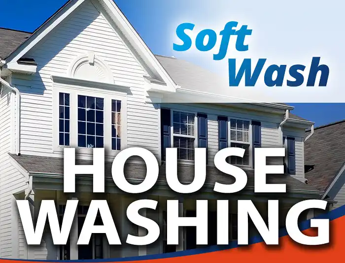 A HurriClean branded graphic of a clean white vinyl siding home in the Louisville, KY area with a text overlay that reads Soft Wash House Washing.