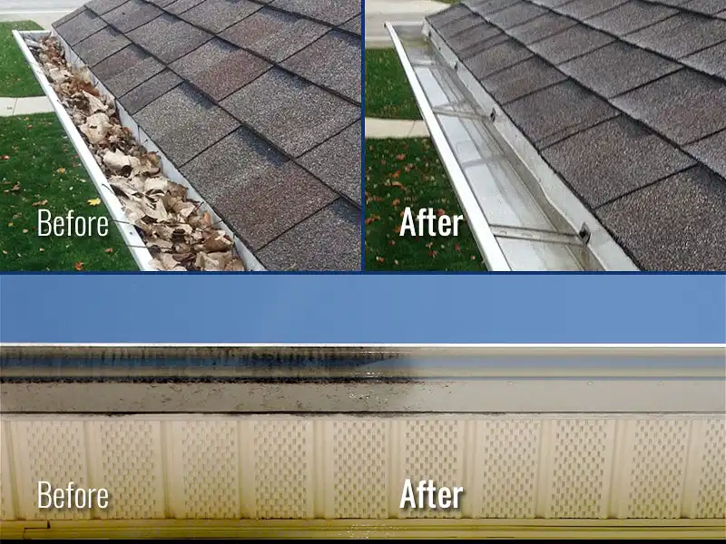 A collage of before and after photos showing the results of residential Gutter Cleaning and Gutter Brightening services performed by HurriClean in the Louisville KY area.