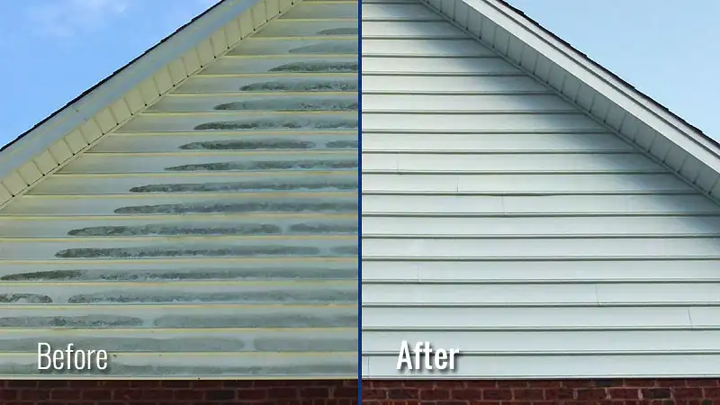 A split image with before and after labels showing dirty, mildew-covered home siding and the same vinyl siding looking clean and white after HurriClean's House Soft Washing service was performed in Louisville KY.