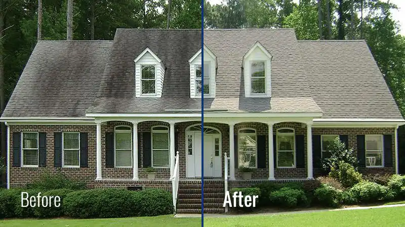 Split before and after image with text labels showing a home with a stained, algae-covered ashpalt roof and the same shingles looking clean and new after HurriClean's Roof Soft Washing service was performed in Louisville KY.