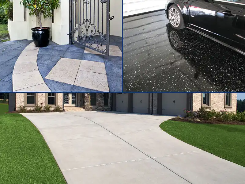 Images of a stained concrete driveway, epoxy coated garage floor, and concrete driveway represent the range of Hard Surface Sealing services offered by HurriClean Pressure Washing in the Louisville area.