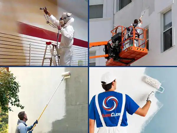 Multiple images of HurriClean painters working on interior and exterior commercial painting projects around the Louisville, KY area.