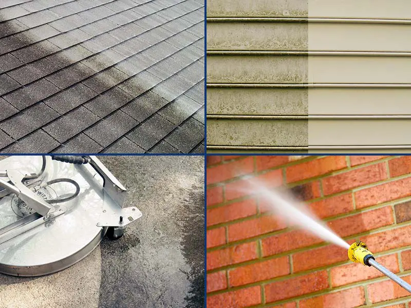 Before & after images of roof cleaning, siding washing, concrete cleaning, and brick pressure washing represent the variety of Multi-Unit Exterior Cleaning services HurriClean offers in the Louisviille & Kentuckiana areas.