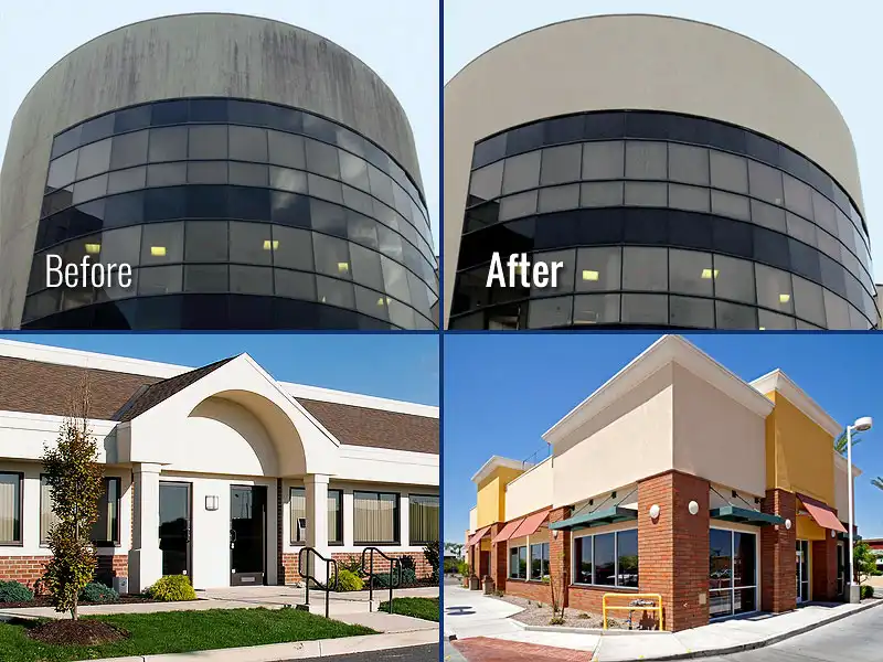 The types of building exteriors HurriClean Pressure Washing soft washes in the Lousiville area, including an office building before and after, professional building, and restaurant.