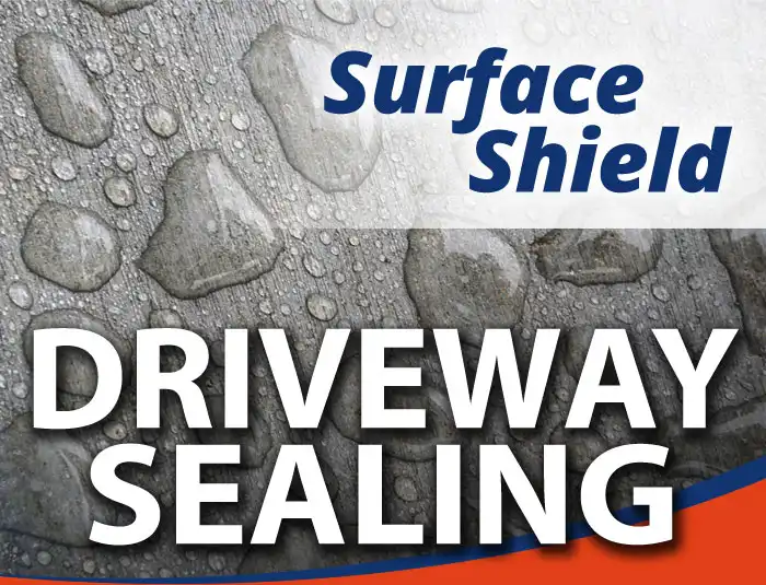 A HurriClean branded graphic showing a close-up view of water beads on a sealed concrete driveway in the Louisville, KY area with a text overlay that reads Surface Shield Driveway Sealing.