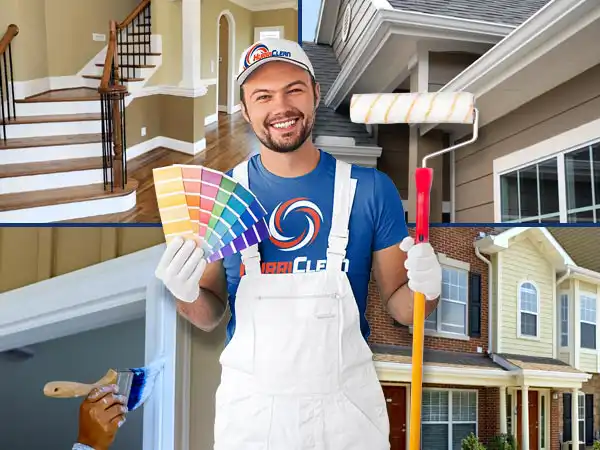 A Hurriclean painter in a blue shirt and white coveralls holding paint swatches and roller with images of residential interior & exterior painting services offered in Louisivlle KY.