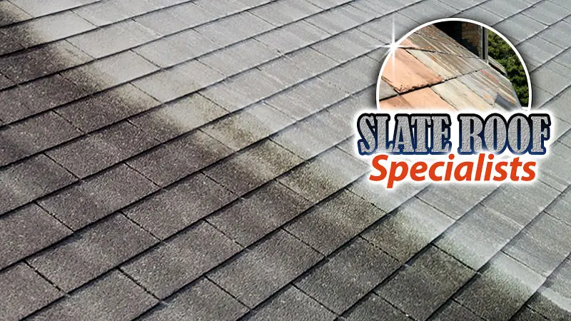 A close-up view of a half dirty, half clean asphalt shingle roof in the Prospect, Goshen, and Anchorage, KY area with a Slate Roof Specialists inset graphic.