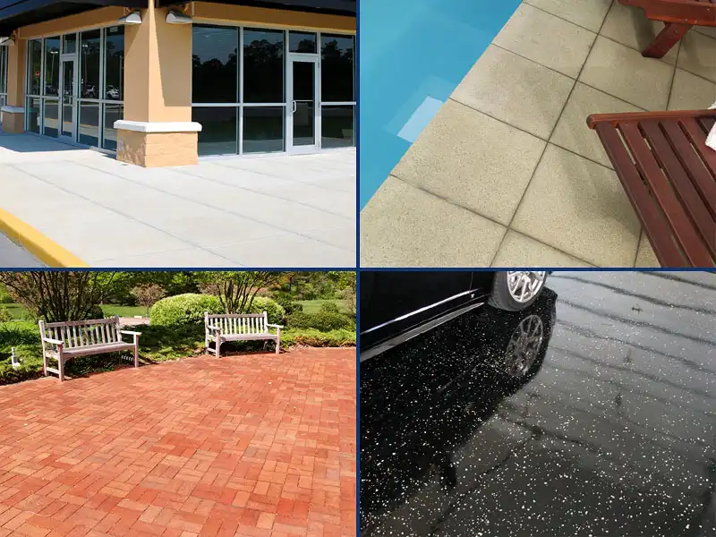 A strip mall sidewalk, pool deck, paver patio, and epoxy garage floor represent the commercial concrete & surface sealing services offered by HurriClean Louisville.