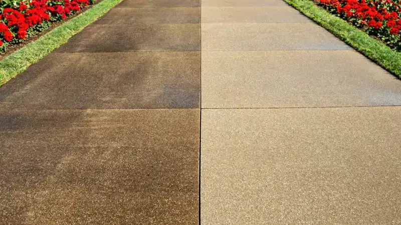 A split image showing before & after results of HurriClean's Driveway Cleaning & Sealing service on a exposed aggragate residential driveway in Goshen, KY.