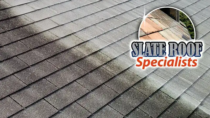 A half dirty & half clean asphalt shingle roof in Goshen, KY shows HurriClean's Roof Soft Washing stain removal power with an overlaid 'Slate Roof Specialists' graphic.