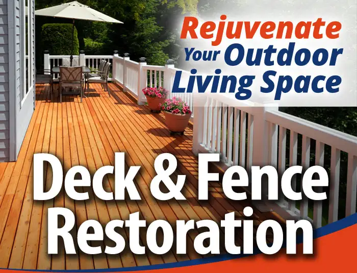 A warm, sunlit, honey-colored backyard wood deck with a white railing and outdoor dining set and patio umbrella in the Louisville area with a text overlay that reads: Rejuvenate Your Outdoor Living Space, Deck & Fence Restoration.