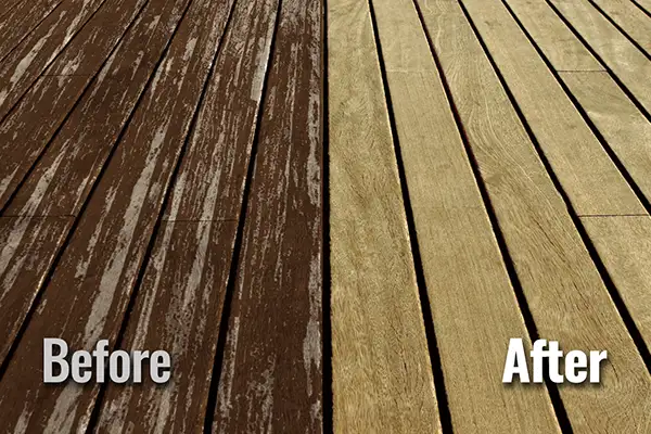 Step 1 graphic of HurriClean's Deck Restoration Process: a vertically split before and after image showing deck boards with an old failed wood stain and freshly cleaned and stripped deck boards.