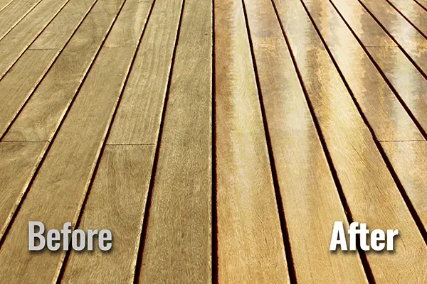 Step 2 graphic of HurriClean's Deck Restoration Process: a vertically split before and after image showing cleaned deck boards and lighter brightened and neutralized boards.