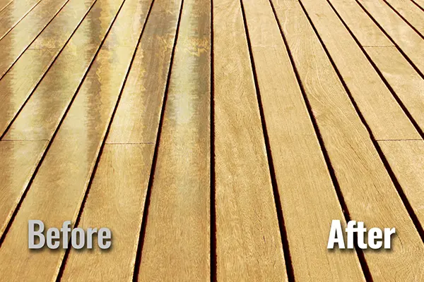 Step 3 graphic of HurriClean's Deck Restoration Process: a vertically split before and after image showing deck boards still wet with brightener & neutralizer and completely dry deck boards.