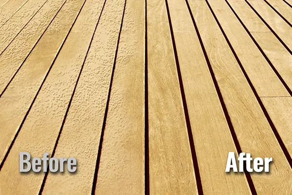 Step 4 graphic of HurriClean's Deck Restoration Process: a vertically split before and after image showing sanded deck boards covered in sawdust and fully cleaned deck boards free of dust and debris.