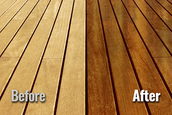 Step 5 graphic of HurriClean's Deck Restoration Process: a vertically split before and after image showing deck boards free of dust & debris and deck boards with a freshly applied coat of reddish brown wood stain.