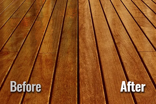 Step 6 graphic of HurriClean's Deck Restoration Process: a vertically split before and after image showing deck boards still wet with freshly applied wood stain and fully dried and cured deck boards ready to walk on.