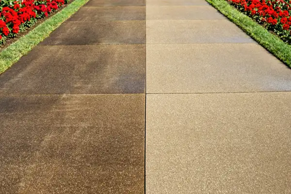 Split before & after view of a Louisville, KY home's aggregate driveway showing how HurriClean's Cleaning & Sealing service makes a visible difference.